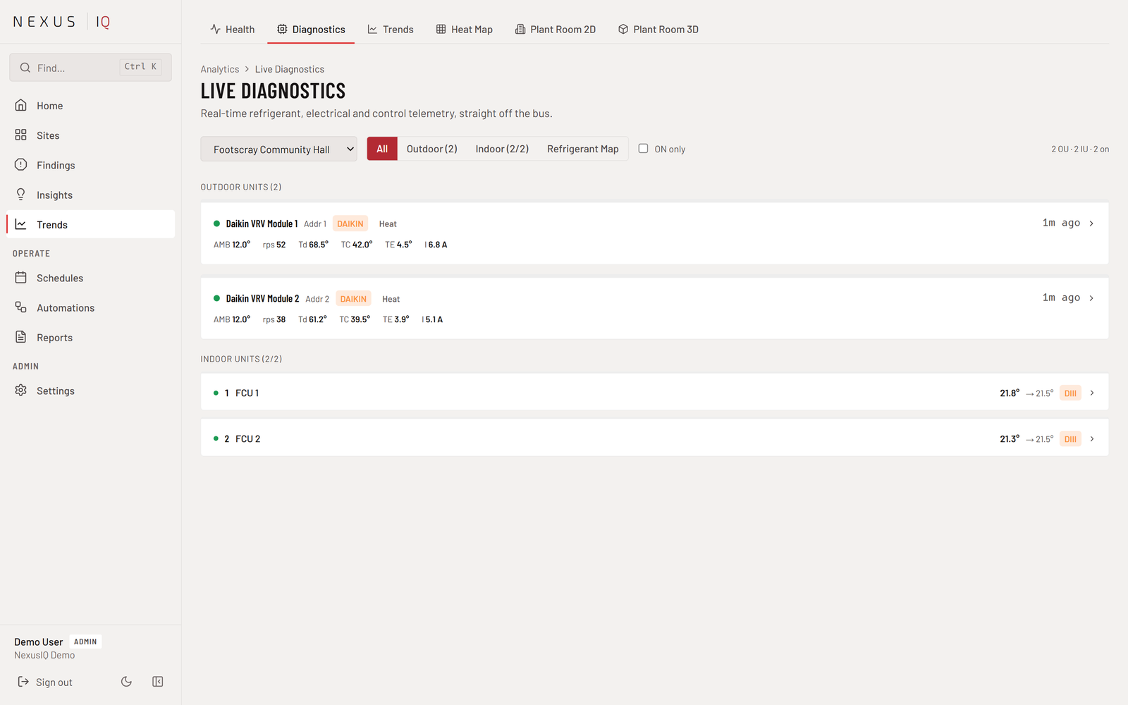 Nexus iQ Live Diagnostics list, All tab, one row per outdoor unit