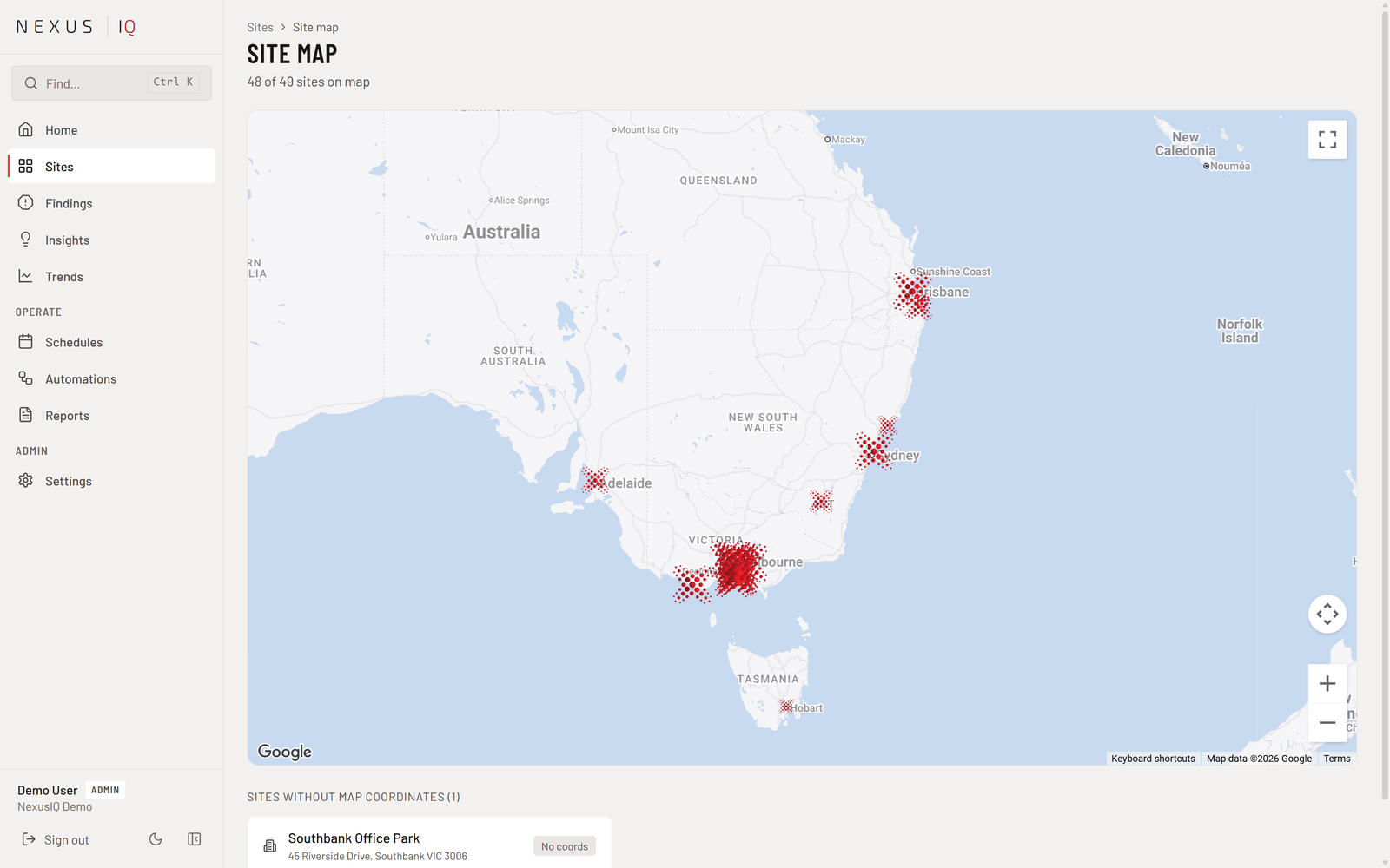 Nexus iQ Site Map view plotting every site by location