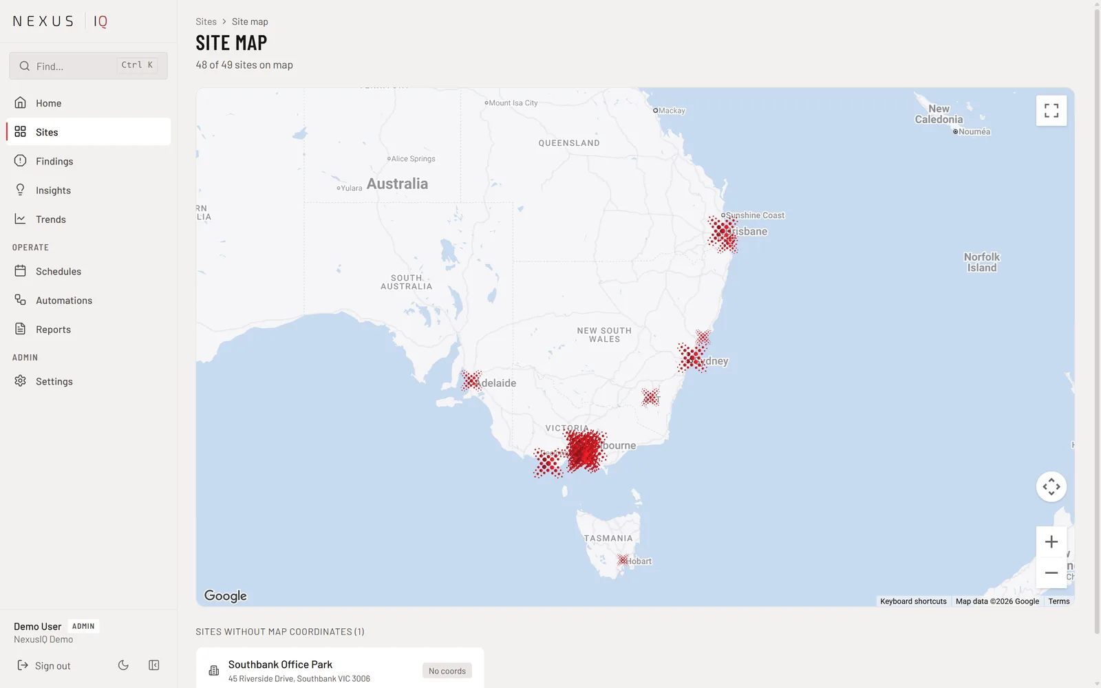 Nexus iQ Site Map plotting every site by location
