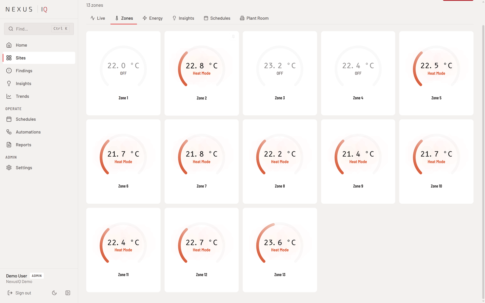 Nexus iQ Zones page with per-zone dials for temperature and mode