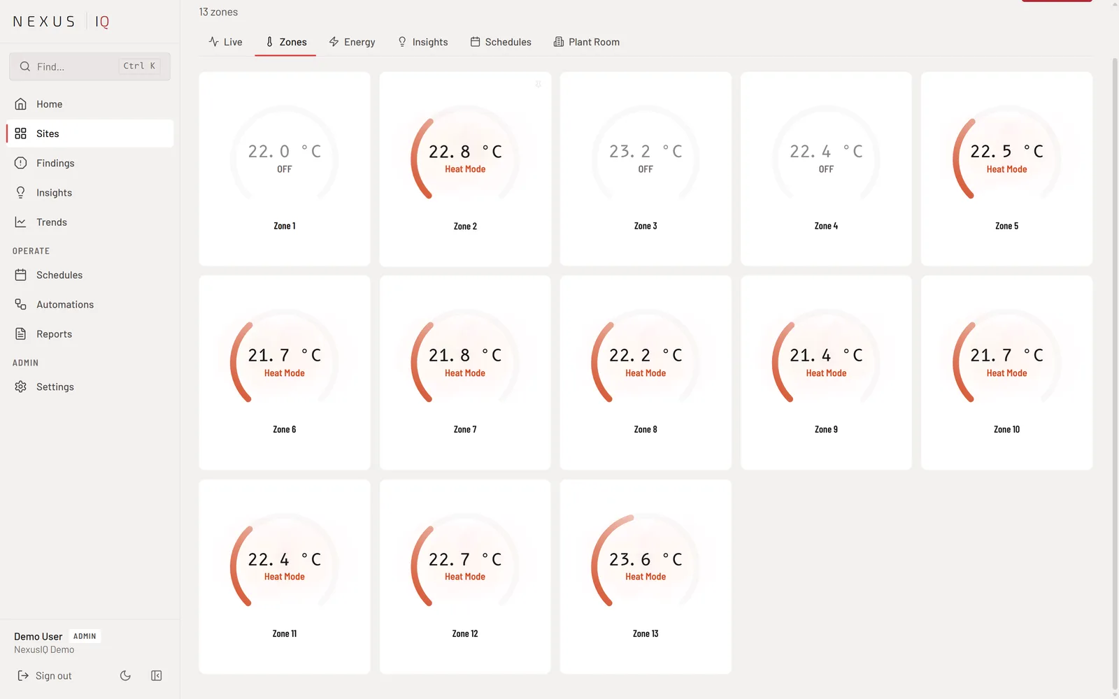 Nexus iQ Zones page with per-zone dials for temperature and mode