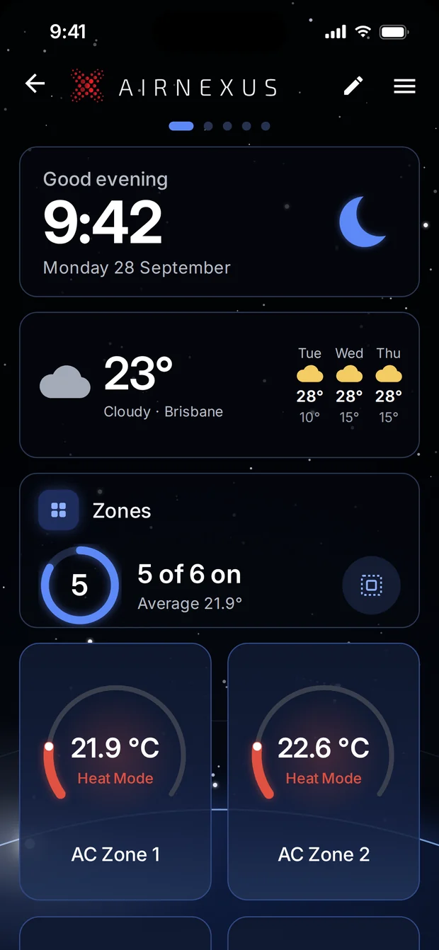The AirNexus app on iPhone, showing the time, the weather and five of six zones on