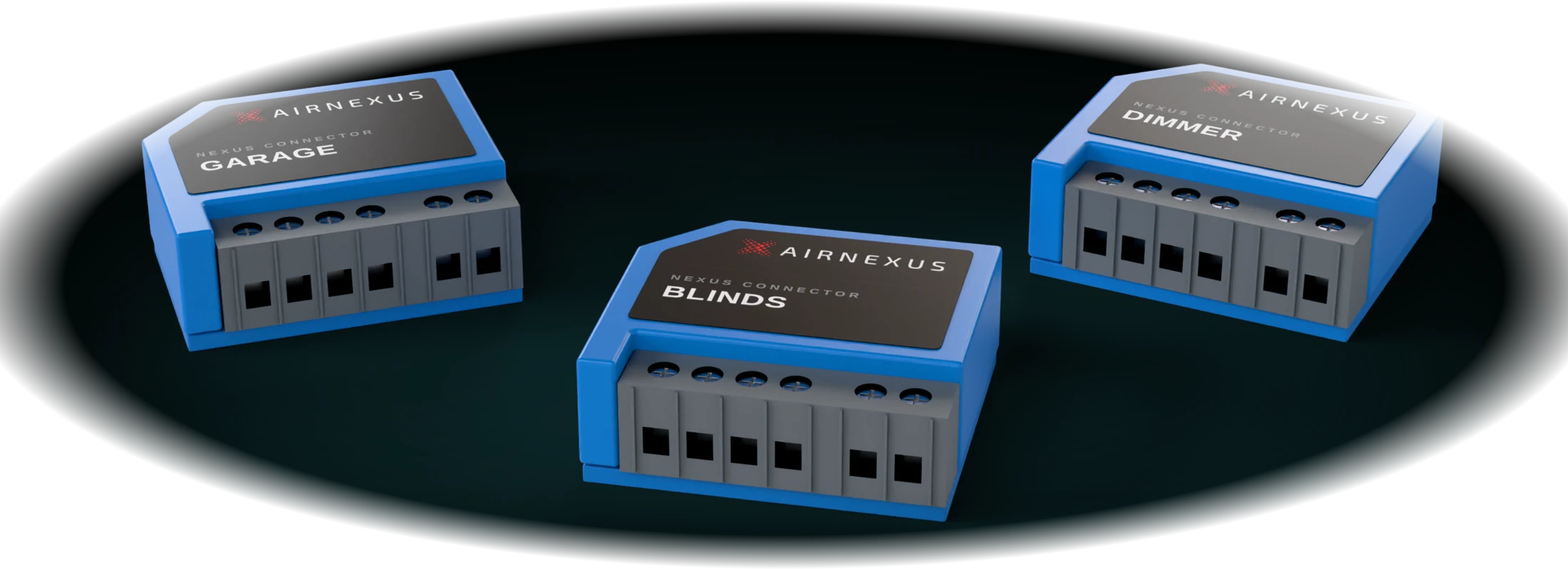 Three Nexus Connector modules, labelled Garage, Blinds and Dimmer
