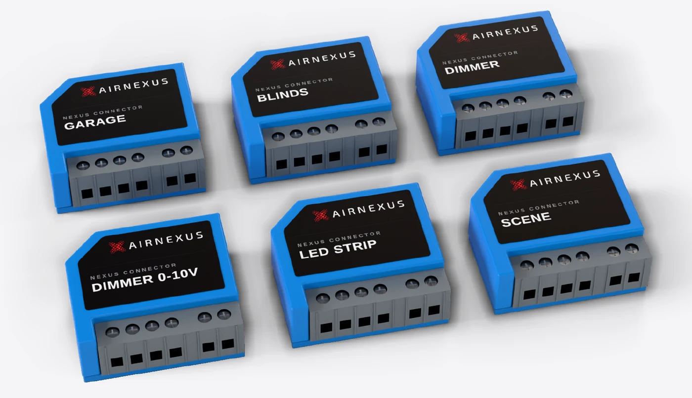 Six Nexus Connector modules: Garage, Blinds, Dimmer, Dimmer 0-10V, LED Strip and Scene