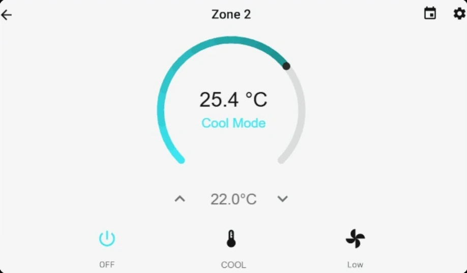 7-inch panel in the light theme, showing a zone at 25.4 degrees