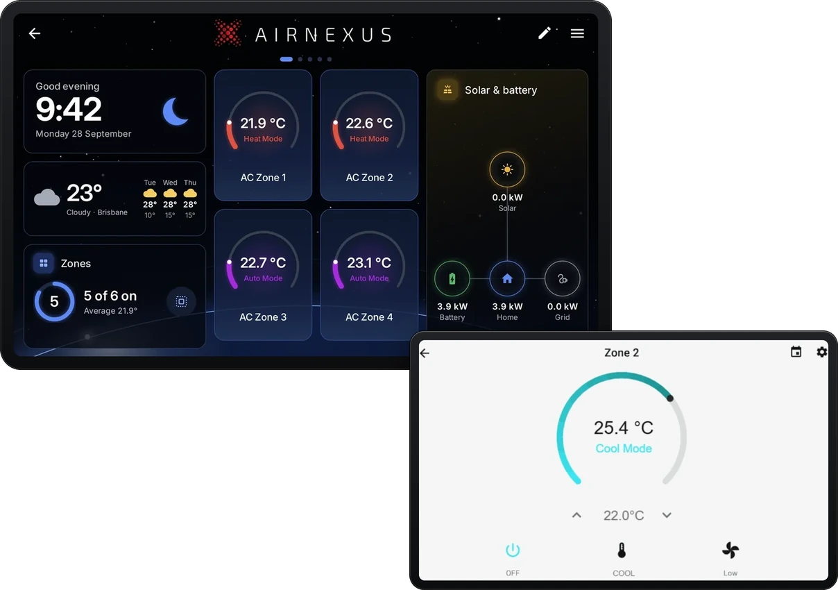 NexusHome 10 inch wall panel in the dark theme and 7 inch wall panel in the light theme
